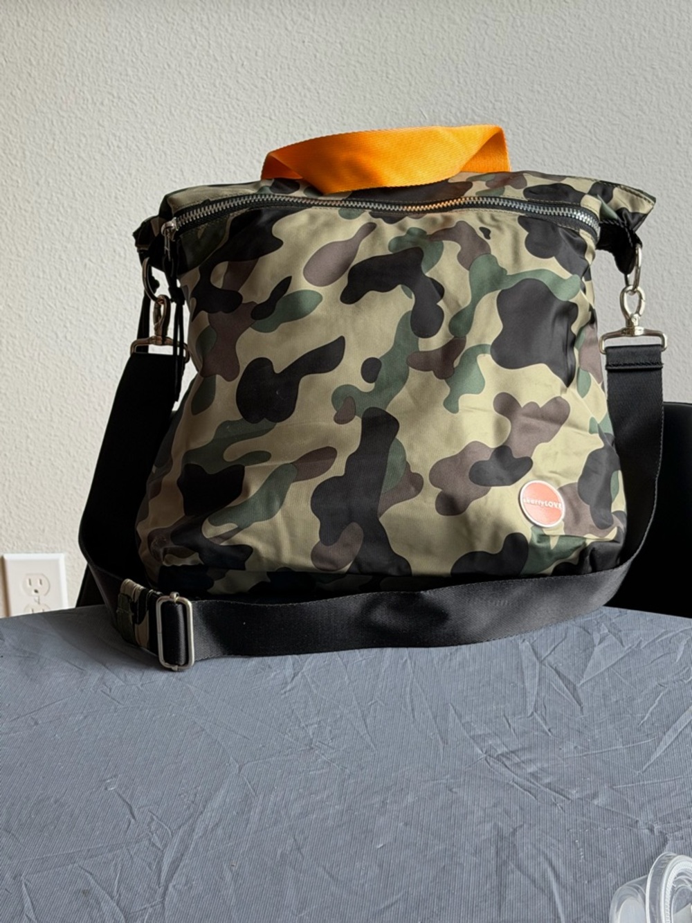 Camouflage Crossbody Bag with Orange Top Handle